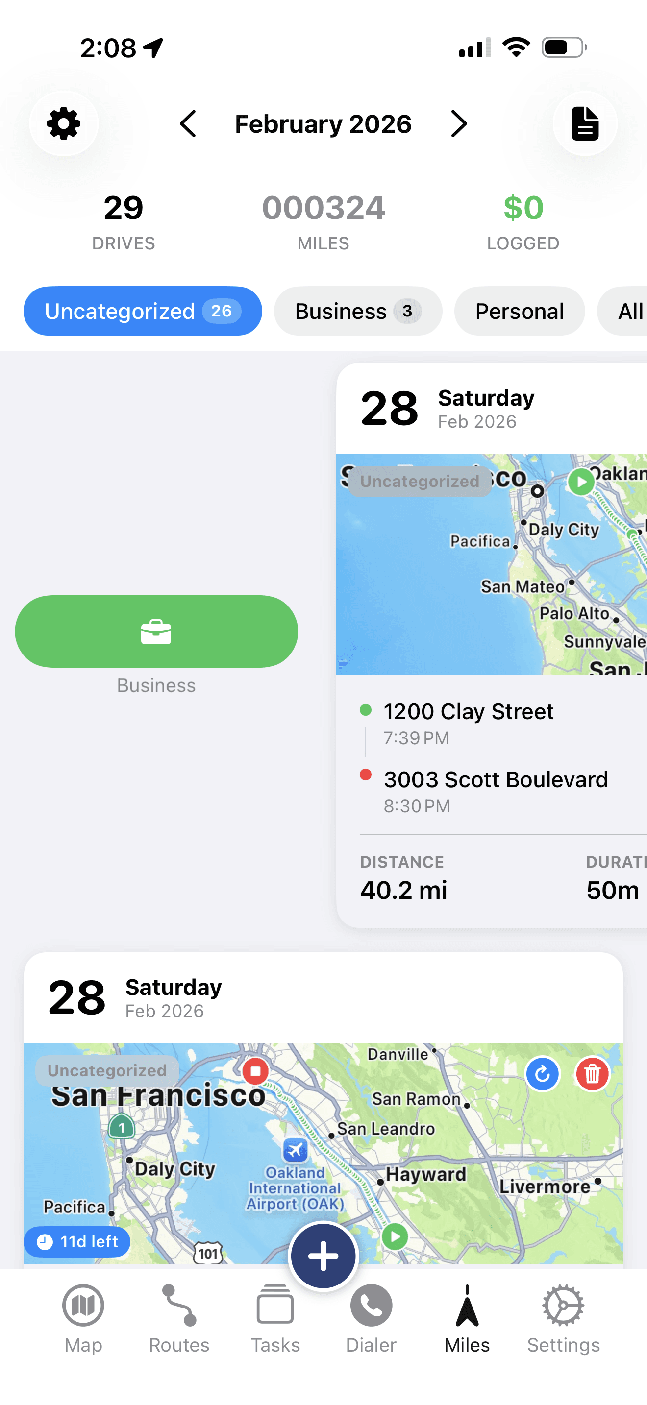 Mile Tracker Pro — Swipe to classify drives as Business or Personal with map view